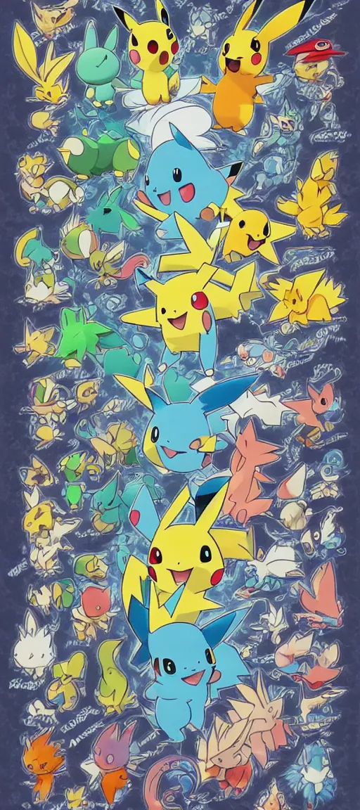 Prompt: full page lithograph of different pokemon , lithographics, color, colorful, watercolor aesthetic, on white paper, labeled diagram, illustration, detailed, intricate, vector, vector aesthetics