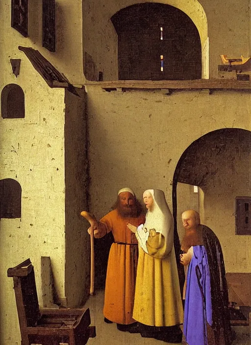 Prompt: medieval forge, medieval painting by Jan van Eyck, Johannes Vermeer, Florence