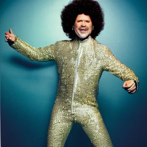 Image similar to uhd candid photo of disco stu wearing disco suit, intricate disco costume. correct face, correct disco attire. photo by annie leibowitz