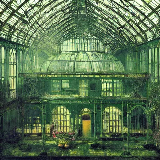 Image similar to a beautiful painting of a large overgrown victorian greenhouse with an eerie green translucent ghost and with large windows, warm lights, evening, stunningly beautiful architecture, by john atkinson grimshaw