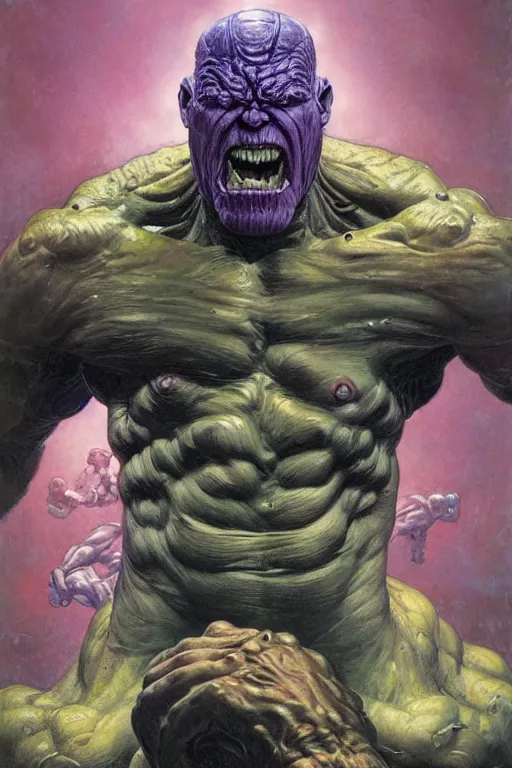 Image similar to upper body and head portrait of hulking mutant thanos by lawrence alma tadema and zdzislaw beksinski and norman rockwell and jack kirby and tom lovell and greg staples