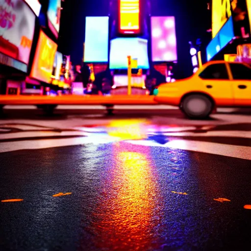 Prompt: sunny side up egg sits in the road, times square, night time, raining, neon light, romantic, ultra realistic, unreal engine, 4k, artstation