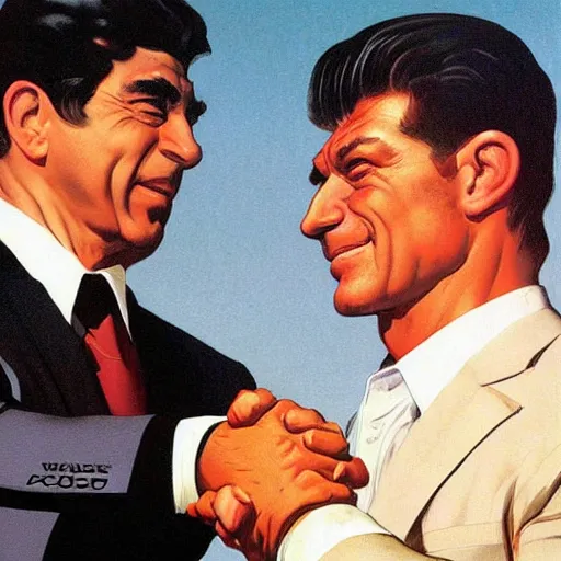 Prompt: tony khan and vince mcmahon shaking hands, stylized behance by syd mead, frank frazetta, ken kelly, simon bisley, richard corben, william - adolphe bouguereau