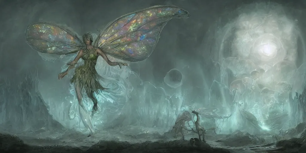 Image similar to concept art of translucent glowing fairies, lovecraftian, renaissance, melting, round moon, rich clouds, fighting the horrors of the unknown, very detailed, volumetric light, mist, fine art, decaying, textured oil over canvas, epic fantasy art, very colorful, ornate scales