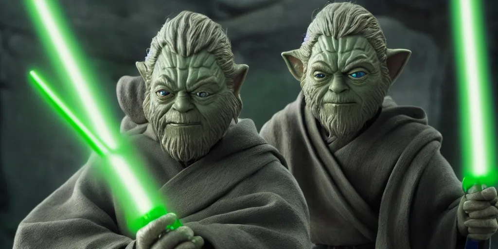 Image similar to obi - wan kenobi disney plus show season 2, green jedi master yoda puppet from 1 9 8 0 s empire strikes back and the last jedi, dagobah ultra realistic, 4 k, movie still, uhd, sharp, detailed, cinematic, render, modern