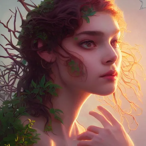 Image similar to surreal beautiful young woman, detailed gorgeous face turning into a tree, leaves, sad eyes, vaporwave aesthetic, synthwave , digital painting, artstation, concept art, smooth, sharp focus, illustration, art by artgerm and greg rutkowski and alphonse mucha