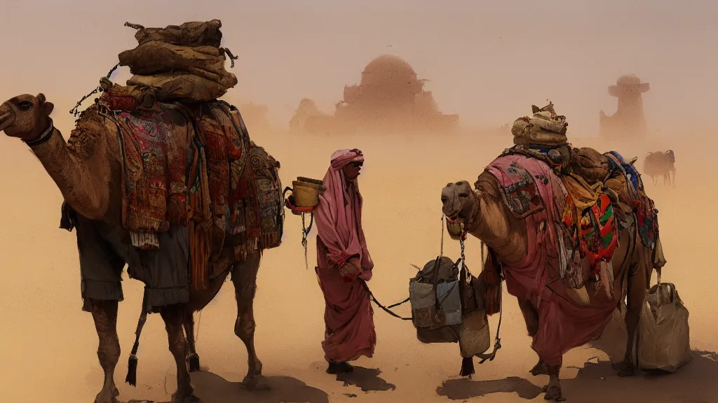 Prompt: arabian merchant with colored bags feeding a camel in a desert, watercolored, jakub rozalski, dark colours, dieselpunk, artstation