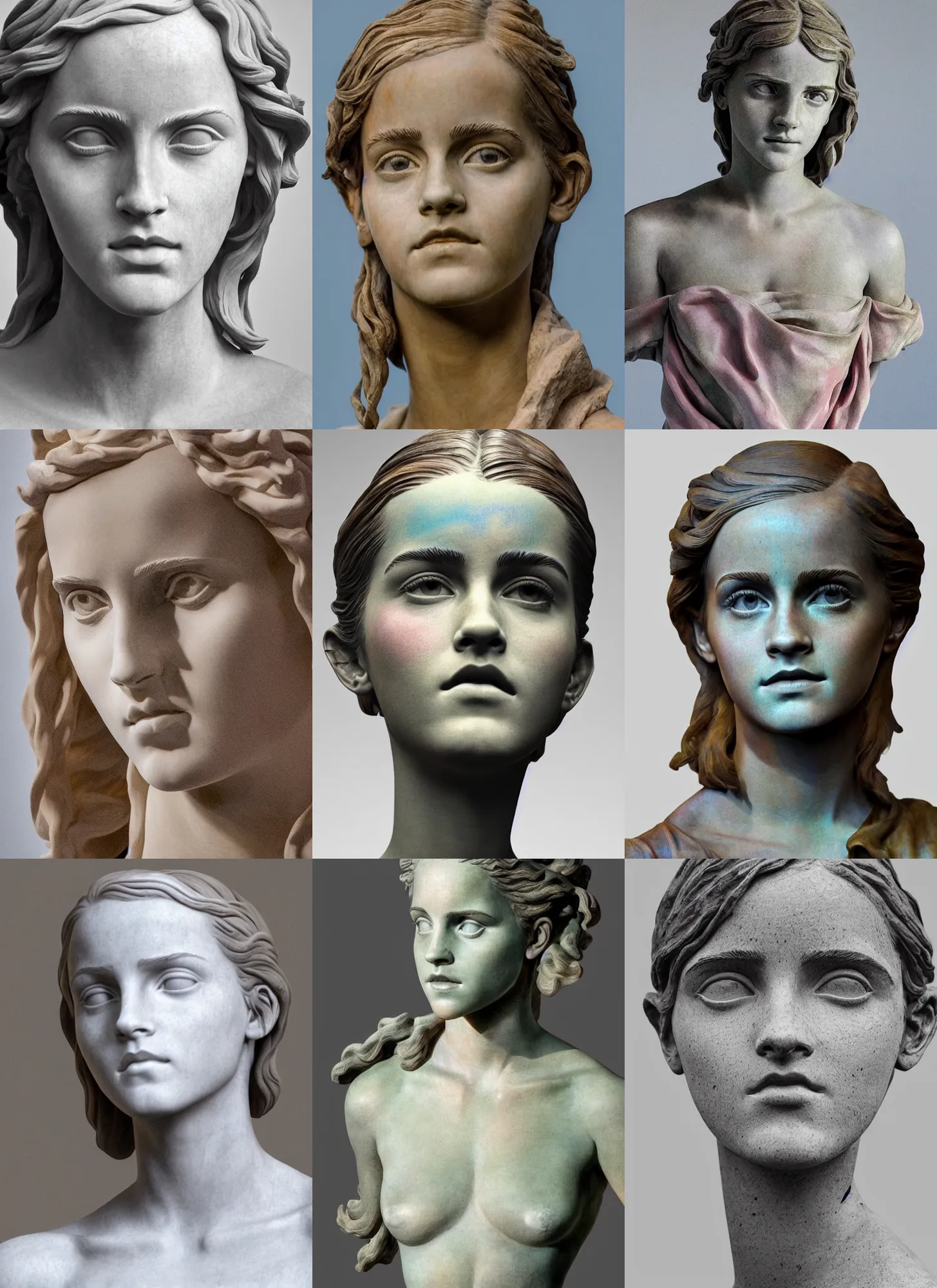 Prompt: sculpture statue of Emma Watson by Jean-Baptiste Carpeaux and Luo Li Rong and Michael James Talbot, all body, very emotional expressions, perfect symmetrical face, psychedelic colors, surrealistic, rainbow marble, in full growth, elegant, realistic, 8K, female full-skin figure, hyperrealism, subsurface scattering, raytracing, rim light, Octane Render, Redshift, Zbrush