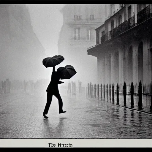 Image similar to the man leaping with an umbrella in a raining paris street, by henri cartier bresson,