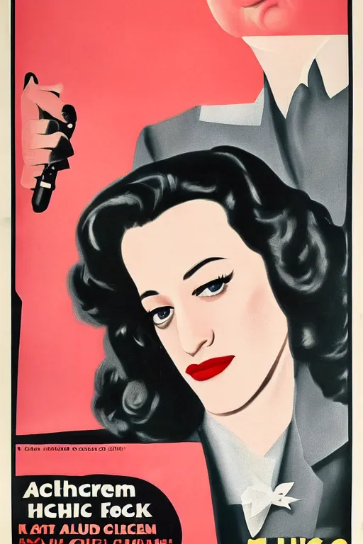 Prompt: An retro movie poster from 1947 for an Alfred Hitchcock film featuring a portrait of featuring Kat Dennings looking at camera, medium close up