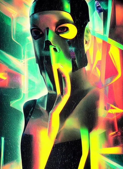 Image similar to futuristic lasers, data visualization, cyberpunk bodysuit, mask, laserpunk, visor, rain, wet, oiled, sweat, girl pinup, by steven meisel, james jean and rolf armstrong, geometric cubist perfect geometry abstract acrylic and hyperrealism photorealistic airbrush collage painting with menocjrome muted and neon fluorescent colors, 8 0 s eros