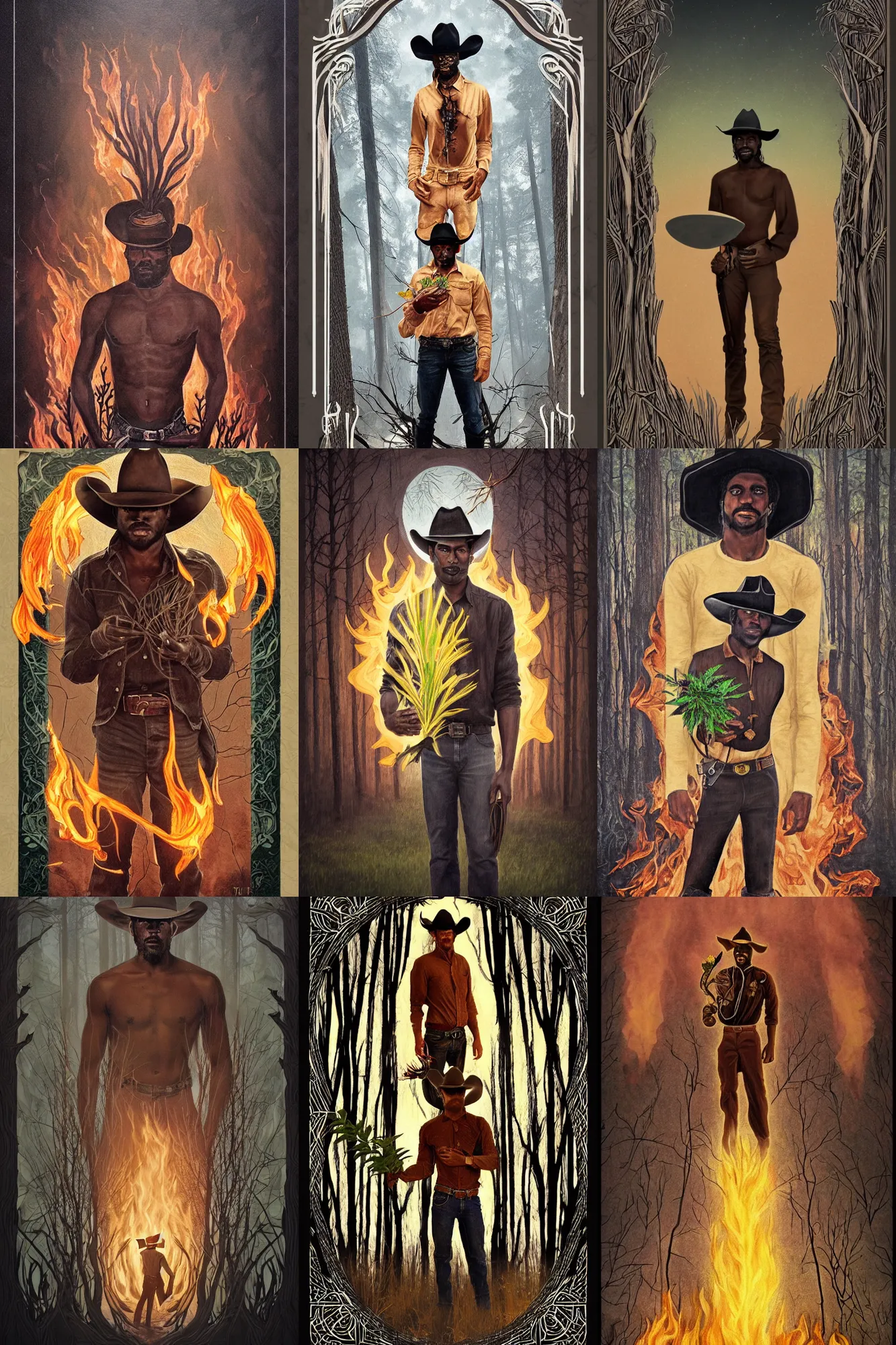 Prompt: a beautiful dramatic epic ethereal symmetrical painting of a cowboy holding a plant in front of him | he is dark skinned and wearing a cowboy hat | the background is a terrifying forest fire conflagration | tarot card, art deco, art nouveau | by Mark Maggiori | trending on artstation