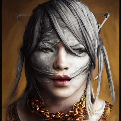 Prompt: portrait of a Shibari rope wrapped face and neck, headshot, insanely nice professional hair style, dramatic hair color, digital painting, of a old 15th century, roman gladiatorr, amber jewels, baroque, ornate clothing, scifi, realistic, hyperdetailed, chiaroscuro, concept art, art by Franz Hals and Jon Foster and Ayami Kojima and Amano and Karol Bak,