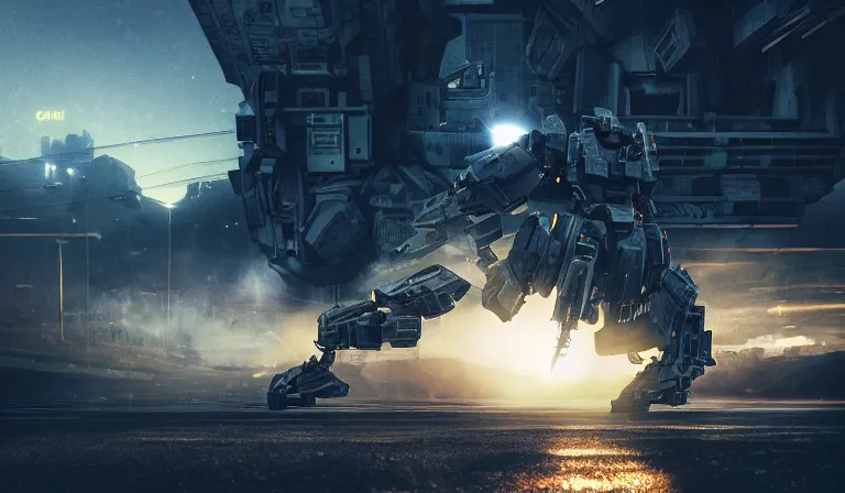 Prompt: an armored core v by liam wong, booster flares, legs, laser rifles, karst landscape, outdoor, dark blue sky, cloud, wilderness ground, golden time, twilight ; wide shot, digital painting, photoreal, cinematic contrast, dynamic backlighting, sharp edge, motion blur