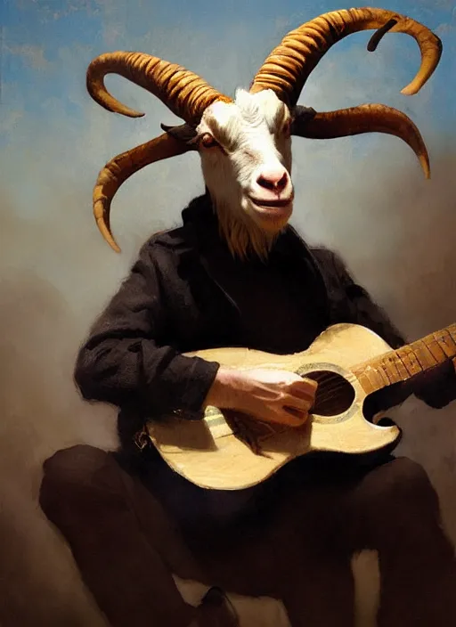 Image similar to a possessed anthropomorphic goat demon playing the guitar, expressive oil painting, humanoid, digital art, beautiful lighting, sunlit, by greg rutkowski, by jeremy lipking, mininamlist painting