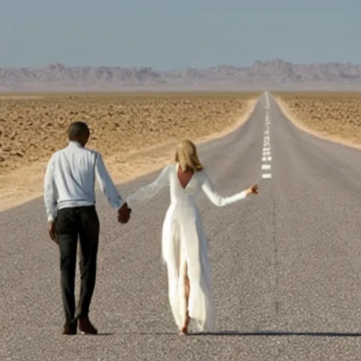 Prompt: Taylor Swift holding hands with Obama on a desert highway, distant, mid day, noon, desert, centered