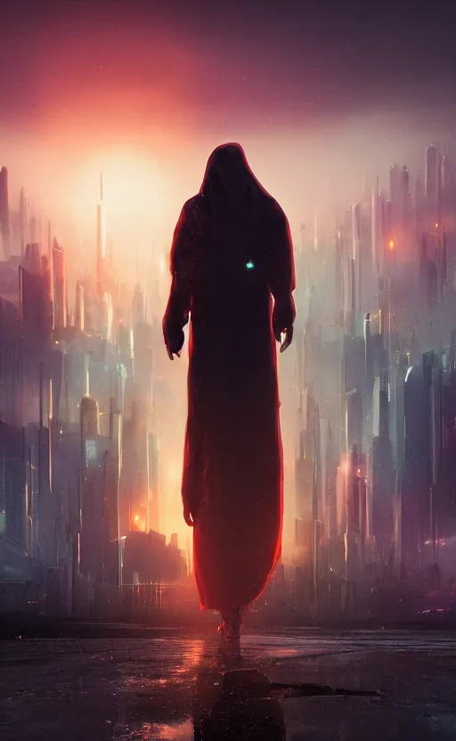 Image similar to a singular cloaked figure standing in the foreground of a cyberpunk landscape, synth, puddles, sunrise