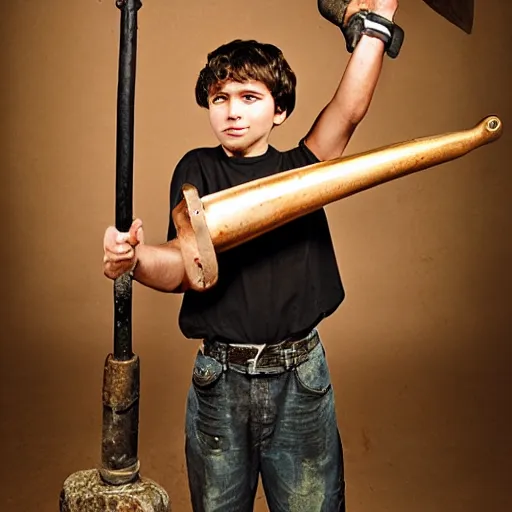 Image similar to a photo of a blacksmith kid holding big hammer by terry richardson