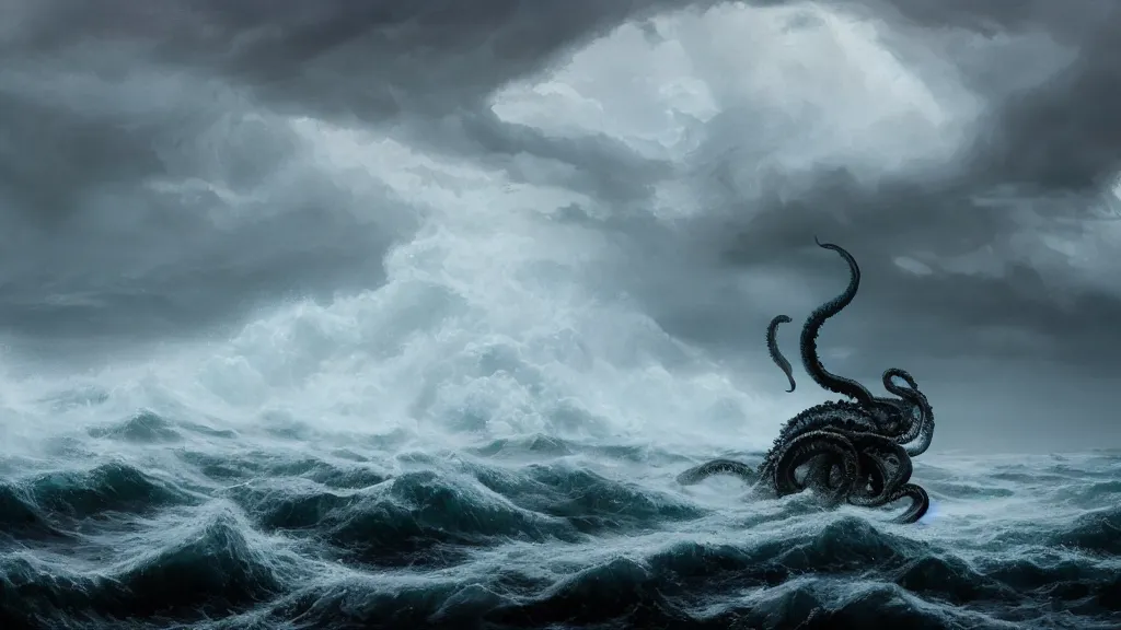 Image similar to kraken rising out a stormy ocean, near a small boat, stormy weather, handsome, profile, intricate, detailed, volumetric lighting, scenery, digital painting, highly detailed, artstation, sharp focus, illustration, concept art, ruan jia, steve mccurry