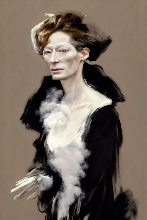 Prompt: 4k Detailed portrait by John Singer Sargent of Tilda Swinton shrouded in a cloud of smoke