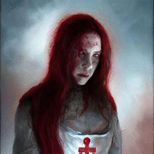 Prompt: bloody nurse, elden ring boss, matte painting, detailed, elden ring, oil on canvas