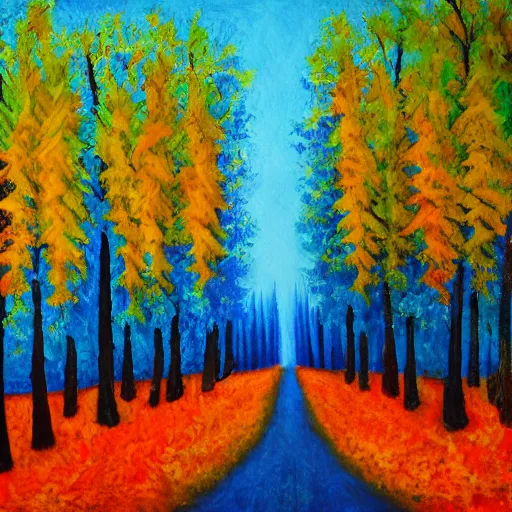 Image similar to a blue and orange forest, four seasons