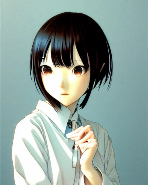 Prompt: a highly realistic, portrait of a beautiful japanese girl, serial experiments lain, wired landscape, sharp features, a beautiful face, soft smile, under studio lighting, taken with a canon eos camera with 1 3 5 mm focal length, art by range murata and yasuyuki ueda