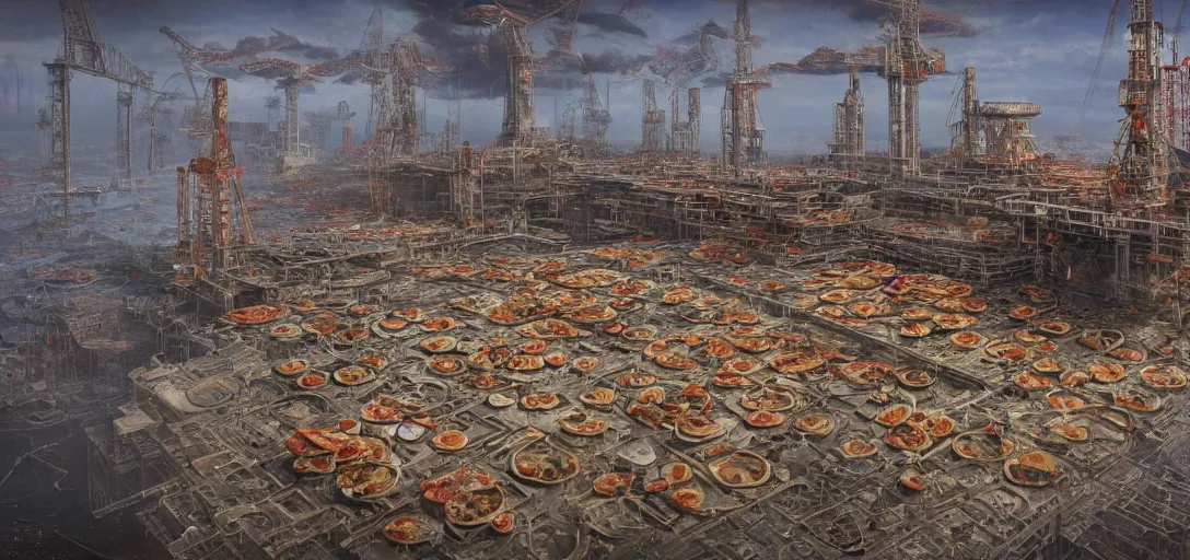 Prompt: an oil rig where the floor is made of pizza, 80s style, intricate, hyper detailed, 8k, james gurney, greg rutkowski, john howe, artstation