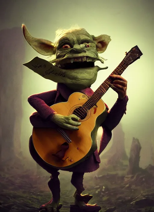 Prompt: a cute sharply dressed goblin playing the blues on an old guitar, in the style of boris valejo and terry gilliam, fantastic, dramatic lighting, smoke, mist, forest, hyperrealistic, detailed, octane render