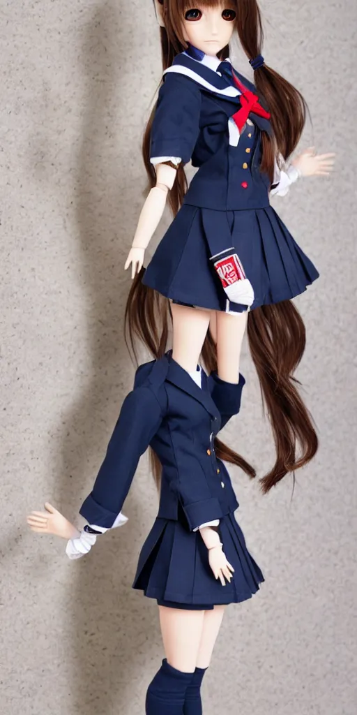 Image similar to Realistic anime doll girl in school uniform suit, full lenght