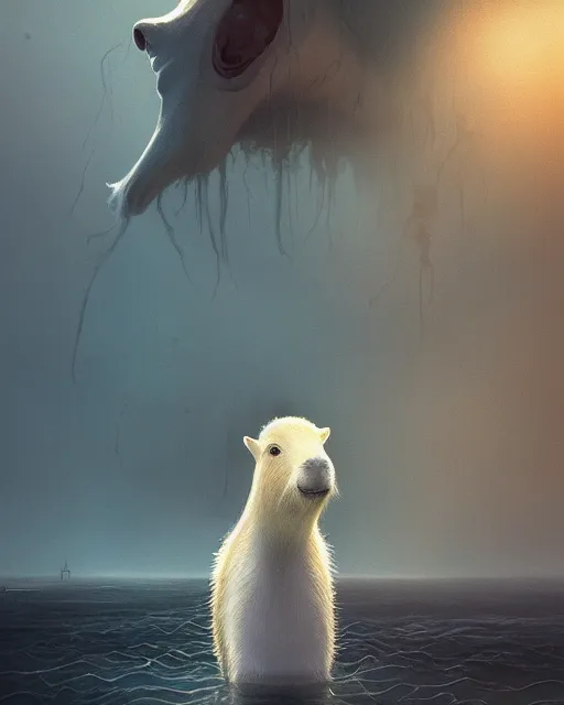 Image similar to white capybara with cthulhu like features, surreal photography, dramatic light, impressionist painting, digital painting, artstation, kilian eng, john harris, bastien lecouffe - deharme, simon stalenhag