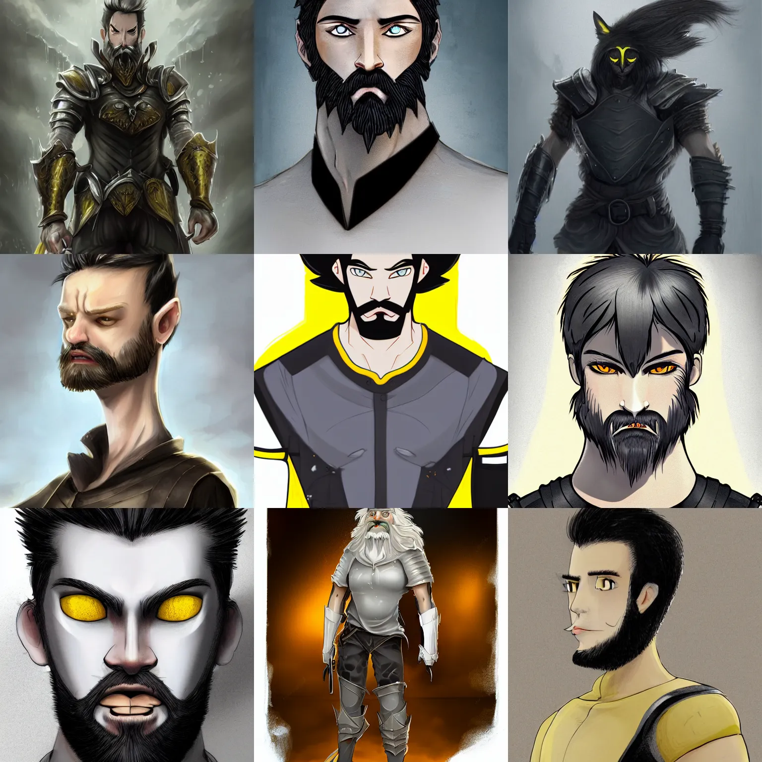 Prompt: Photo of the character with pale ash-colored skin, yellow cat-eyes with vertical pupils, black thick hair with a touch of gray to the shoulders, with neat stubble, similar to a small beard and with a strong build. He wore a plain old shirt, with a light leather armor, male, elegant, digital fantasy art, hands straight down, insane, under light, at late evening by greg rutkowski and thomas kinkade, Trending on artstation