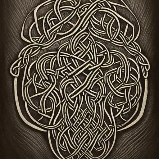 Prompt: Intricate and highly detailed Celtic Knotwork etched in an ancient tree, intricate, highly detailed, fullbody, artstation, dark fantasy, horror, Silent Hill game, concept art, smooth, sharp focus, illustration, art by greg rutkowski and orientalism and bouguereau and Zdzislaw Beksinski, good clear quality, lighting, biology, symmetrical artwork, perfect face, 135 mm, cinematic, hyper realism, high detail, octane render, 8k, chrome accents