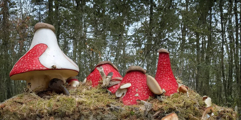 Image similar to cozy residence in the cap of an amantia muscaria mushroom with chimney