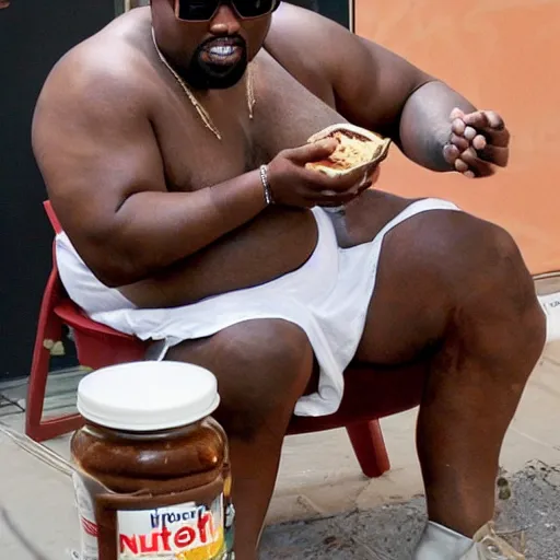 Image similar to extremely fat Kanye west eating Nutella from the bottle