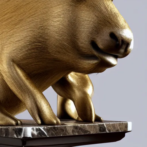 Image similar to golden capybara trophy award on a marble pillar, white background, soft lighting