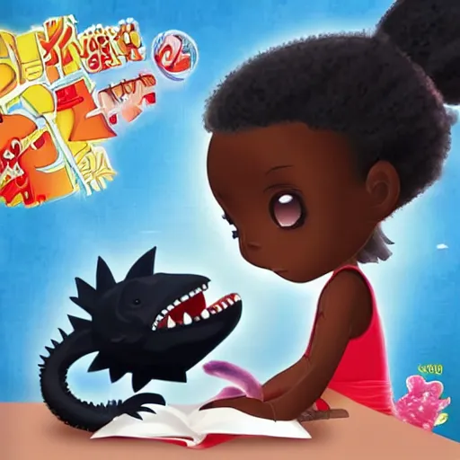 Prompt: Dark skinned girl pets Chibi Godzilla, children's book