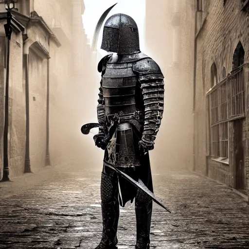 Prompt: knight holding a sword standing in an old london alley, ominous, chilly dark mood, very sharp image, hyper realistic, symmetrical, 4 k, highly ornate intricate details,