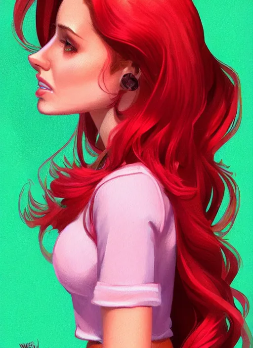 Image similar to full body portrait of teenage cheryl blossom, bangs, green eyes, sultry expression, red hair, sultry smirk, bangs and wavy hair, pink skirt, intricate, elegant, glowing lights, highly detailed, digital painting, artstation, concept art, smooth, sharp focus, illustration, art by wlop, mars ravelo and greg rutkowski