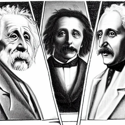 Prompt: Einstein, Isaac Newton, and Nikolai Tesla smoking a joint, drawing