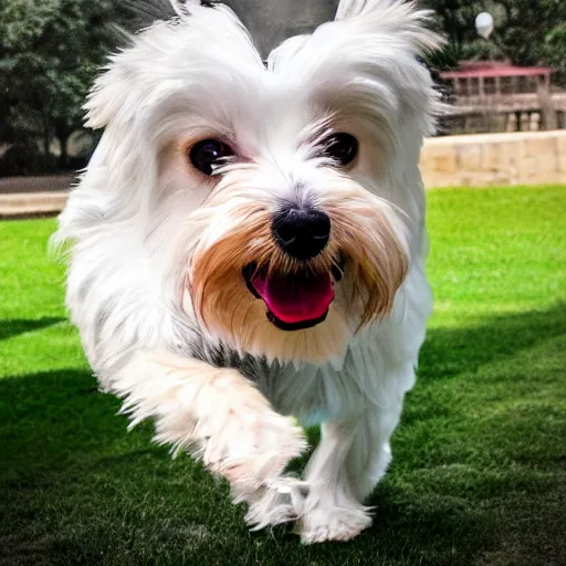 Image similar to a photograph of ellie the maltese playing at the park, hyperrealism, photo realistic, canon pro