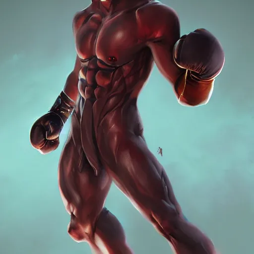 Image similar to demon hero, made by Tomohiro Shimoguchi, Ryō Akizuki,colored by stanley artgerm lau,boxing gloves,worn pants ,ArtStation, CGSociety