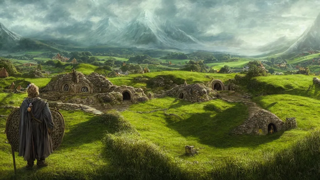 Image similar to frodo standing looking back over hobbiton, bag end visible in the distance, by alan lee, michal karcz, smooth details, lord of the rings, game of thrones, smooth, detailed terrain, oil painting, trending artstation, concept art, fantasy matte painting