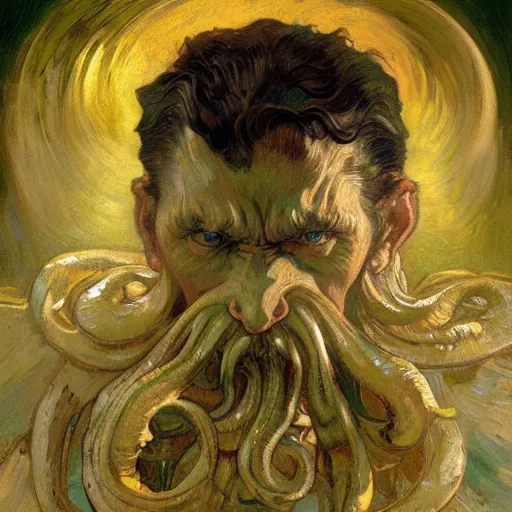 Image similar to hyper realistic oil painting of cthulhu mythos by van gogh, mucha, gaston bussiere, craig mullins, j. c. leyendecker, 8 k, high definition, realism, details