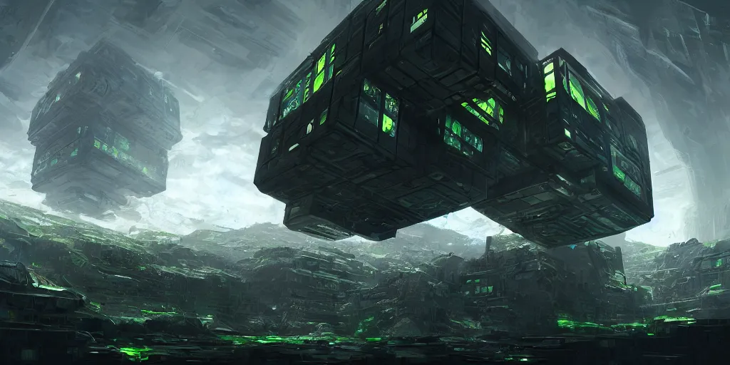 Image similar to an environmental concept art of the borg cube, highly detailed, environmental light, cinematic by francis tneh