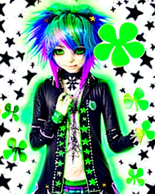 Image similar to a hologram of decora styled green haired yotsuba koiwai wearing a gothic spiked jacket, background full of lucky clovers and shinning stars, holography, irridescent, baroque visual kei decora art