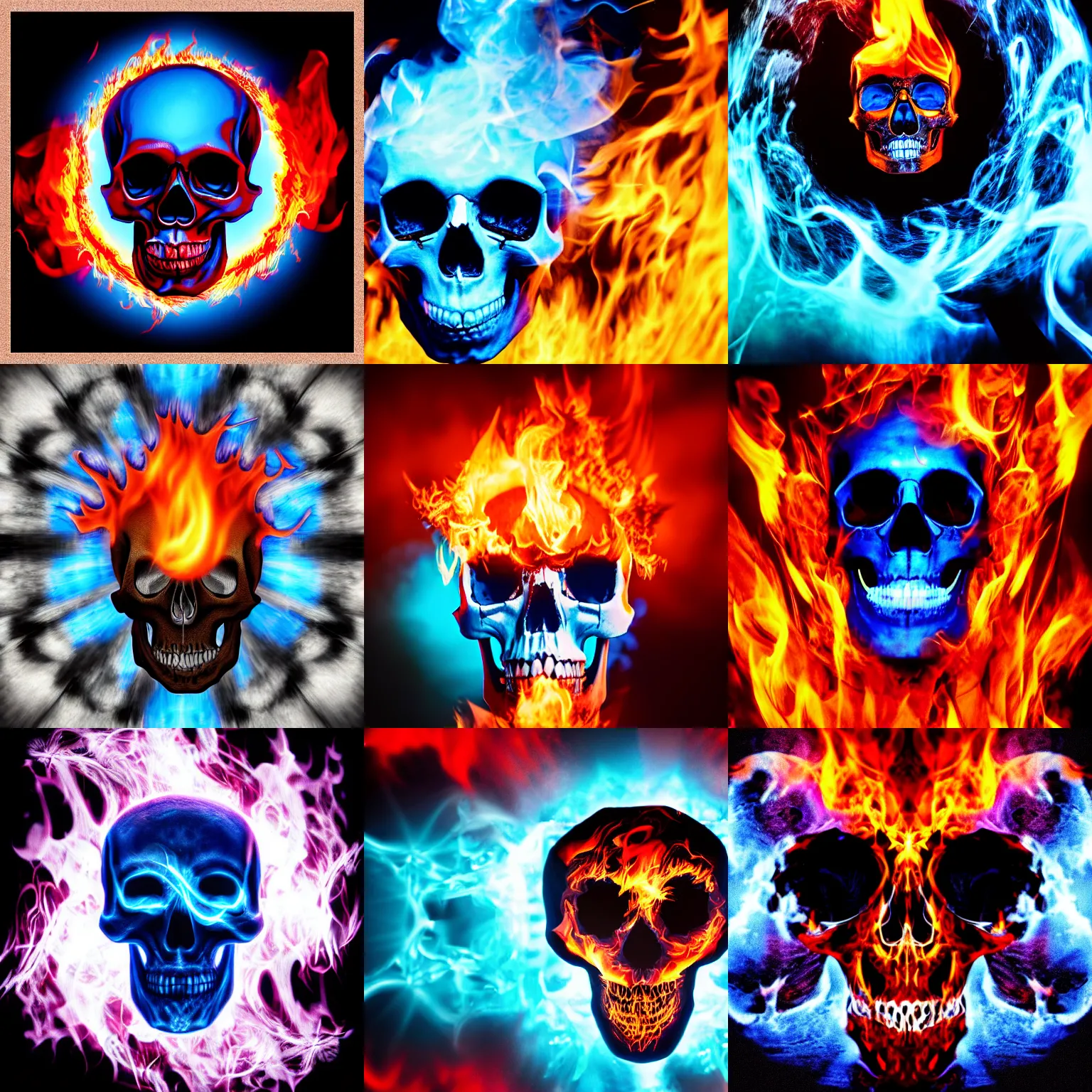 Prompt: skull, flaming left eye, blue flames, photography, black background