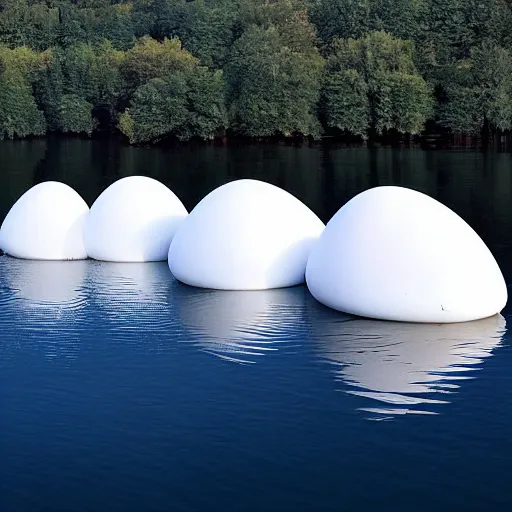 Prompt: many white egg shaped balloons are stacked together to form an inflatable building on the calm water, designed by antti lovag