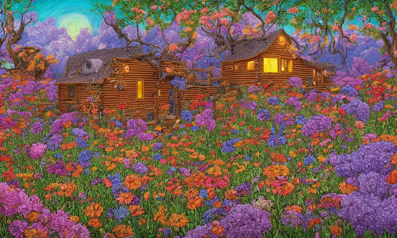 Image similar to a cabin in a mystical field of flowers illustration painting, oil on canvas, intricate, hd, digital art, overdetailed art, complementing colors, detailed, illustration painting by alex gray, digital art, moebius