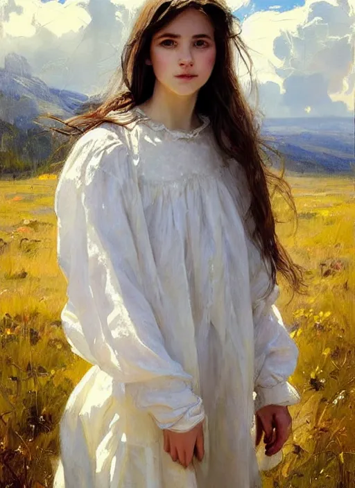 Image similar to portrait of girl dressed in white clothes , countryside, fantasy character portrait, dynamic pose, above view, view from above, sunny day, thunder clouds in the sky, artwork by Jeremy Lipkin and Giuseppe Dangelico Pino and Michael Garmash and rob rey, very coherent symmetrical artwork, perfect face, simple form, 100mm